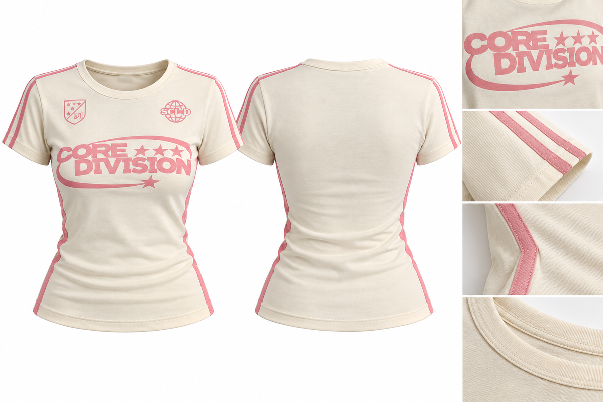Remera DERBY crudo, frente, espalda y detalles