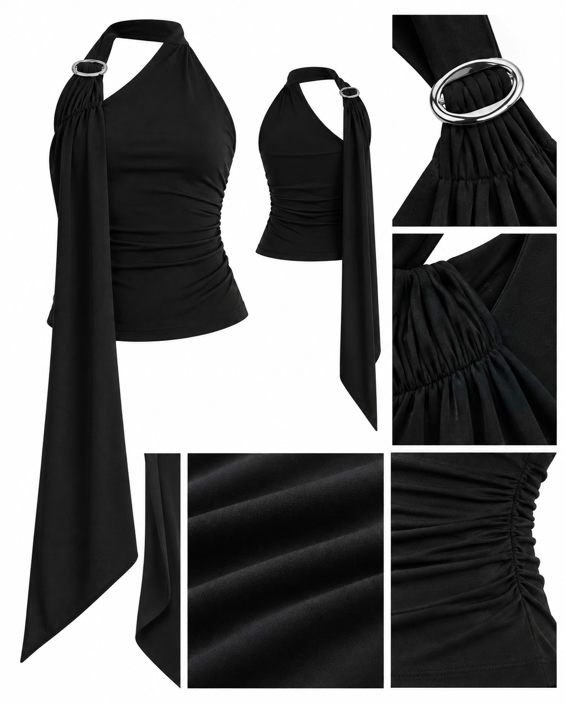 Top DRIFT negro, detalles de la hebilla y los frunces