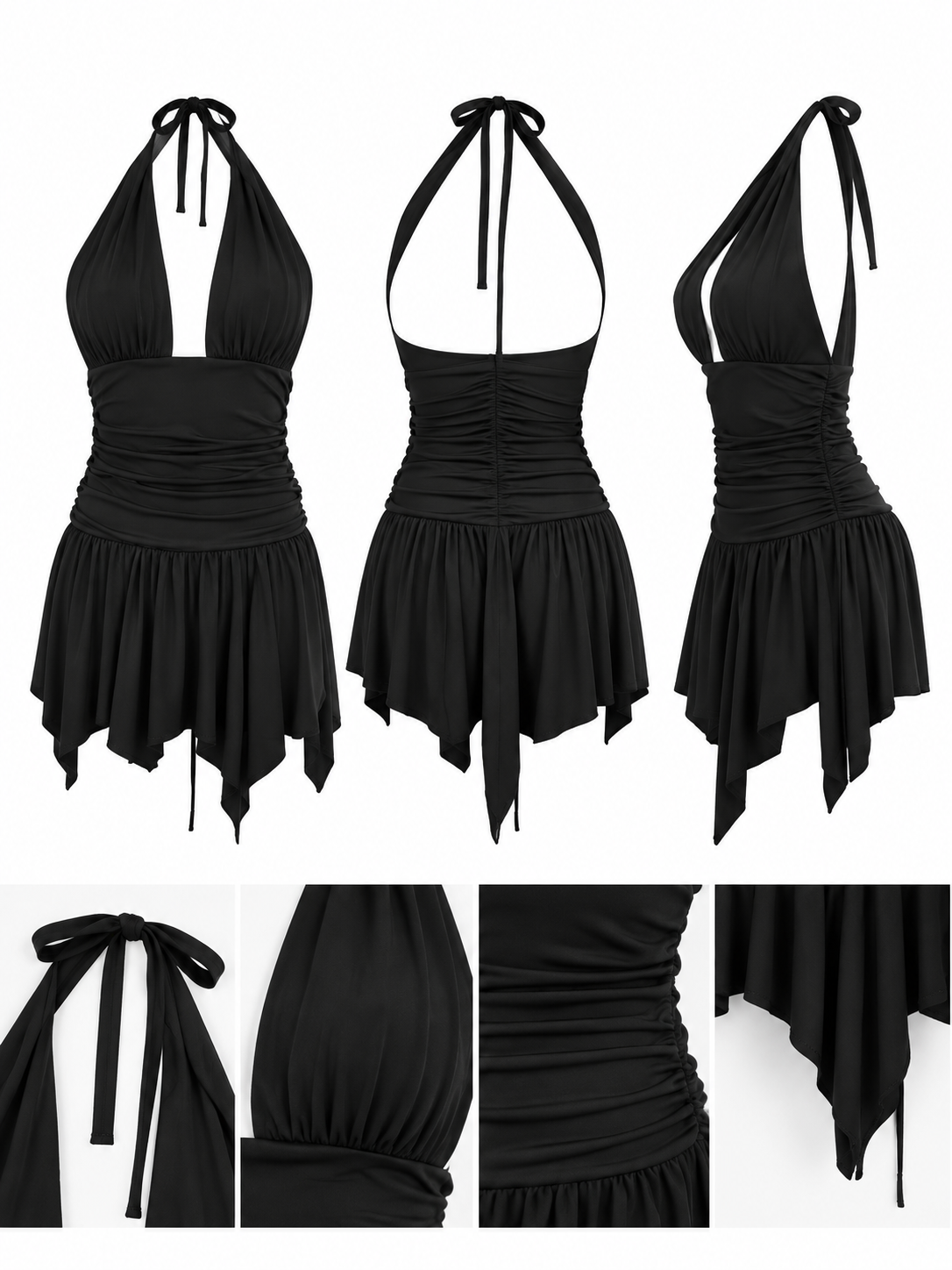 Vestido SWAY negro, frente, espalda y detalles