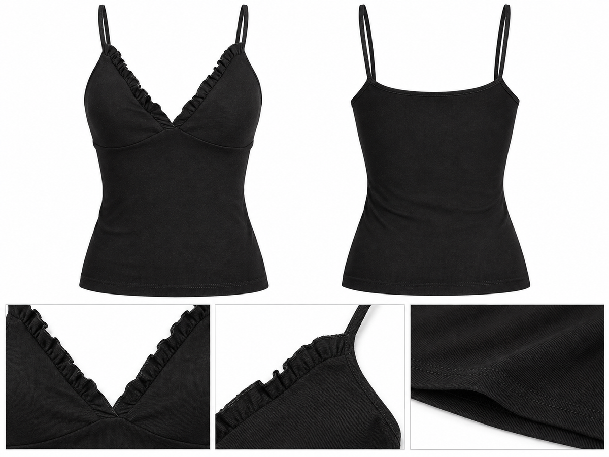 Top FRILL negro, frente, espalda y detalles