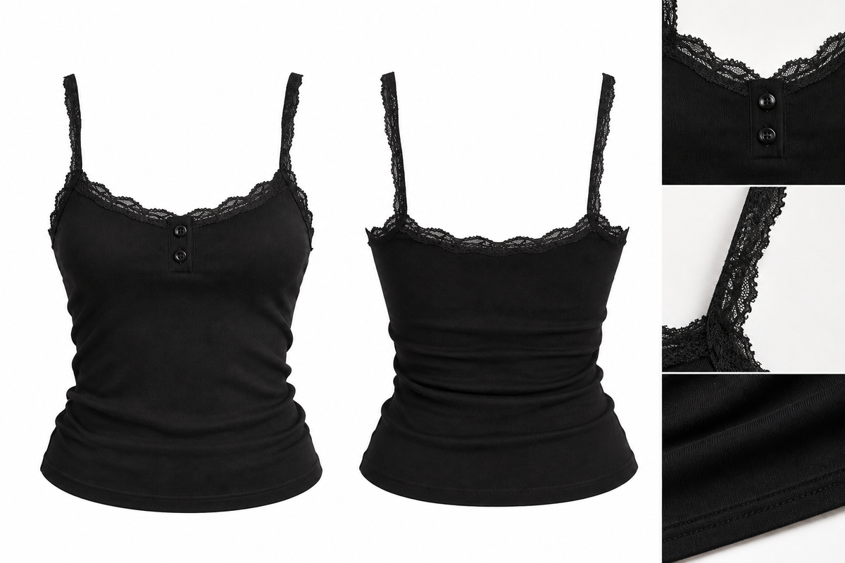 Top RUMOR negro, frente, espalda y detalles