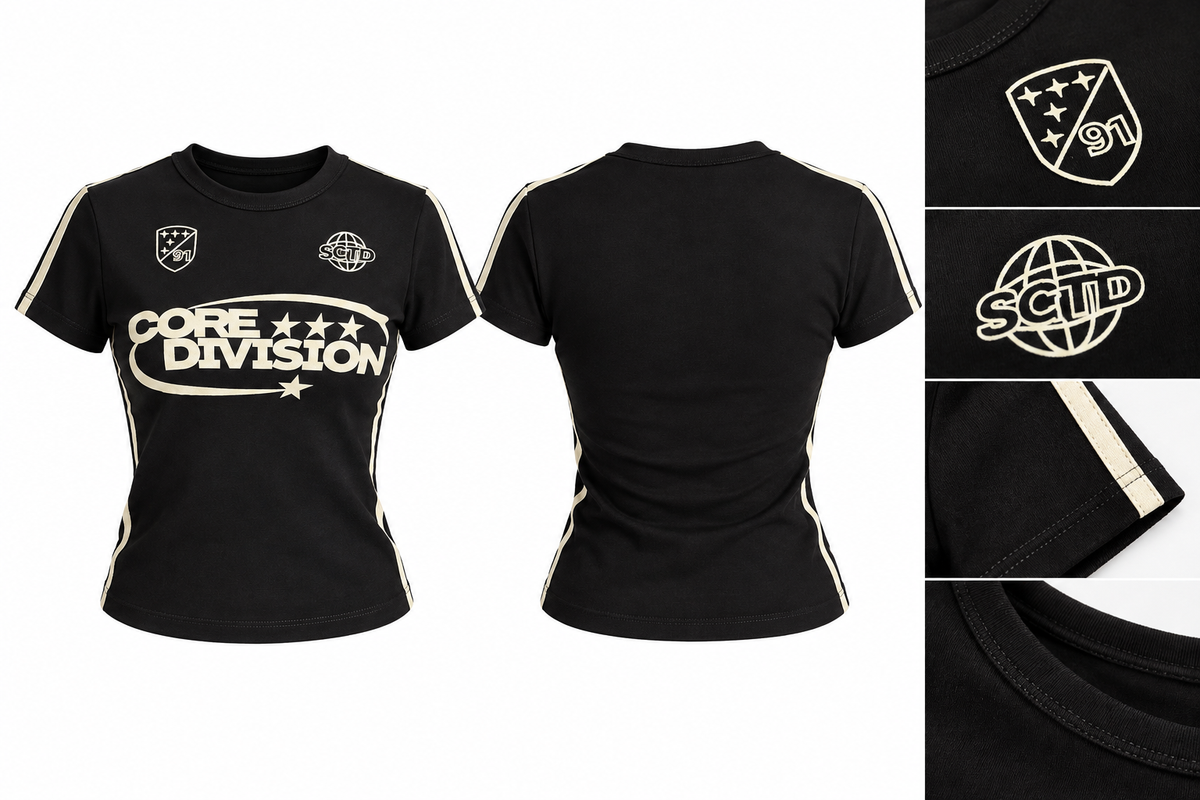 Remera DERBY negra, frente, espalda y detalles