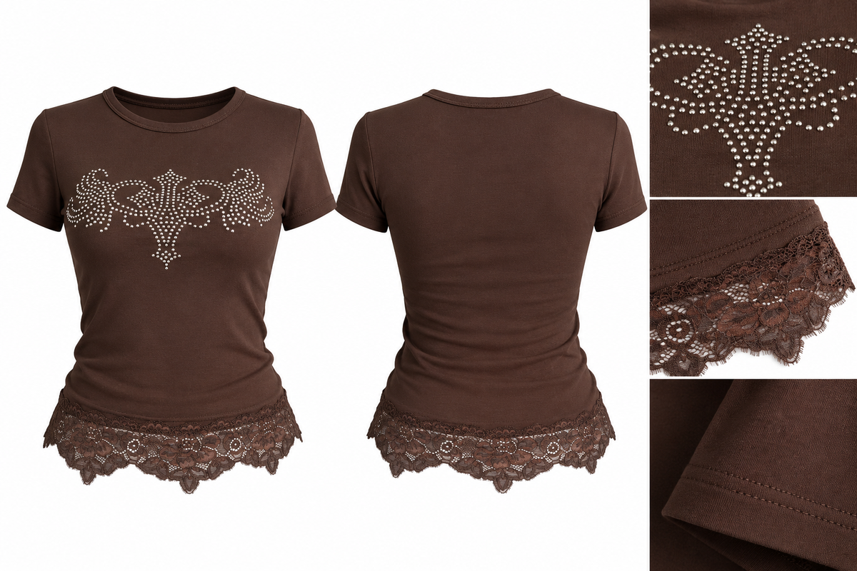 Remera RELIC chocolate, frente, espalda y detalles