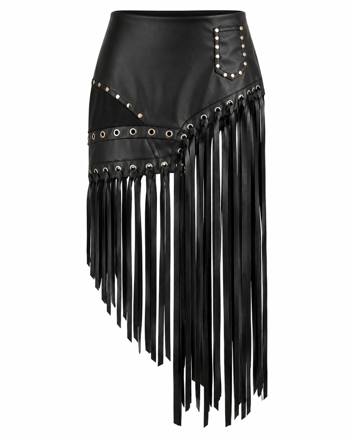 Pollera OUTLAW negra de símil cuero con flecos y bolsillo con tachas
